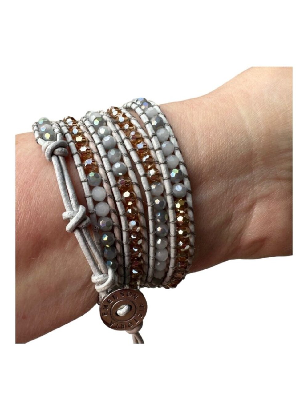 Victoria Emerson Leather Wrap Bracelet Quartz Crystal Beads 36" White Rose Gold - Picture 9 of 16